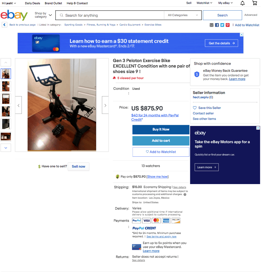 Peloton bike for sale on ebay